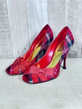 Vintage Y2K JLO Jennifer Lopez Red Tartan Plaid Bow Peep Toe Stiletto
Heels 7M